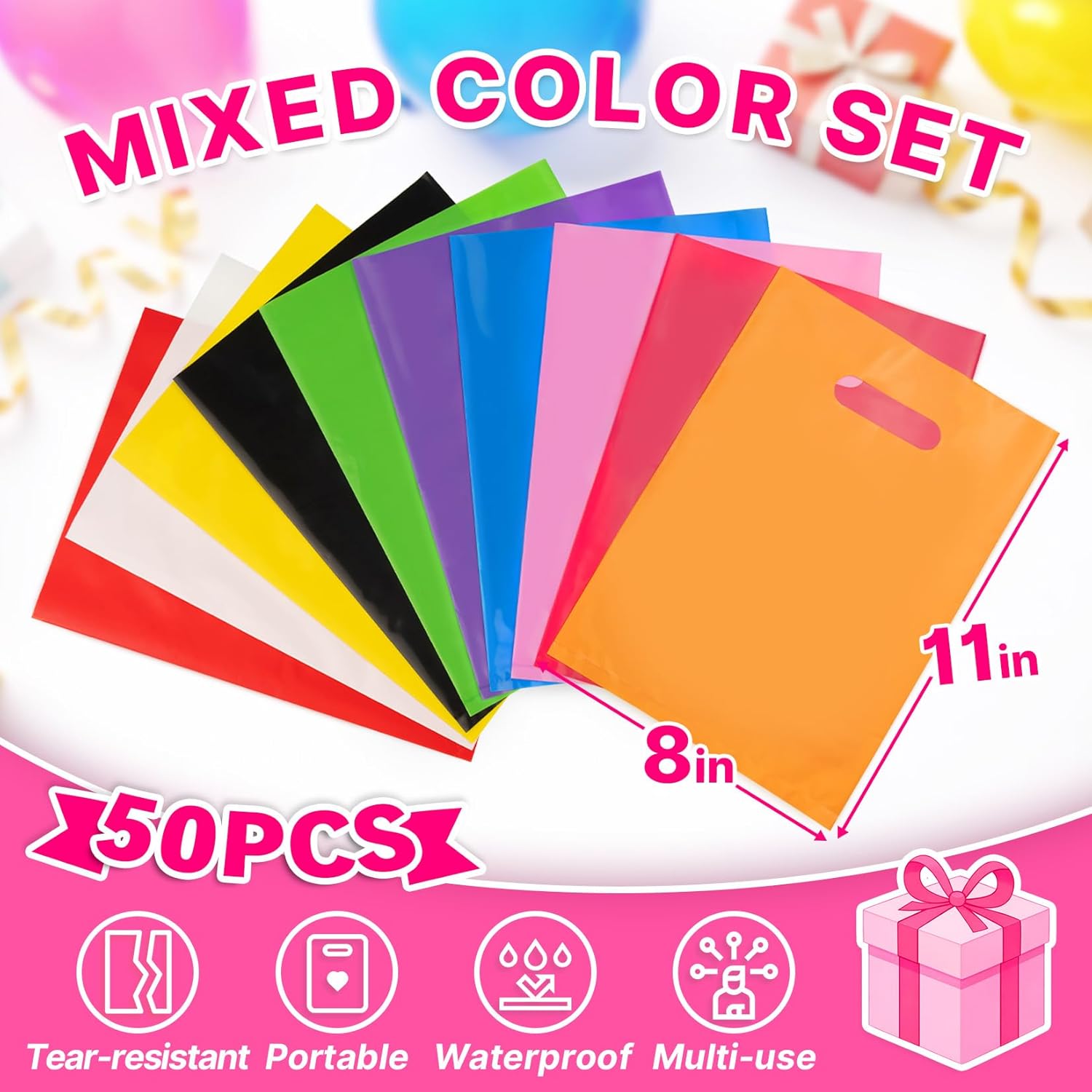 ANZNKU 50 PCS Multicolor Party Favor Gift Bags 8"x11", Goodie Bag Bulk for Candy Jewelry Treat Snack Craft, Small Reusable Plastic Party Bags with Handles for Kids Birthday, School & Festive Events