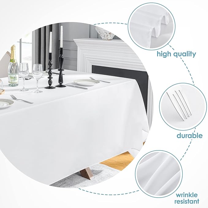 VidaFete Tablecloth 90 * 132inch Rectangle Table Cloth Polyester, Stain Wrinkle Resistant Polyester Dining Table Cover for Kitchen Dinning Party Wedding Rectangular Tabletop Buffet Decoration(White)