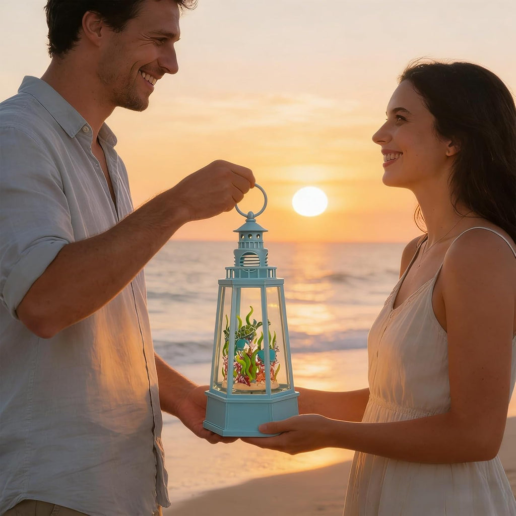 Ocean Themed Snow Globe Lantern with Music - USB or Battery Powered Light Up Water Lantern with Sea Turtle Swirling Glitter Water Globe for Summer Costal Ocean Decor Gift for Ocean Lover (Sea Turtle)