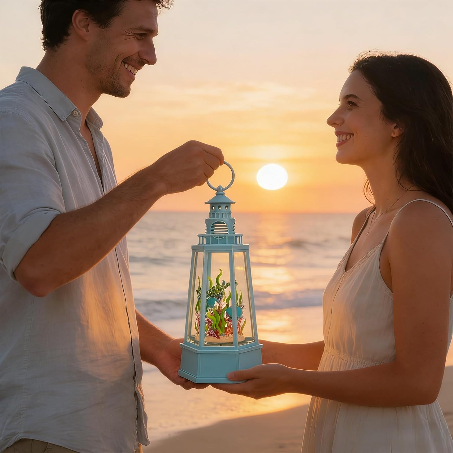 Ocean Themed Snow Globe Lantern with Music - USB or Battery Powered Light Up Water Lantern with Sea Turtle Swirling Glitter Water Globe for Summer Costal Ocean Decor Gift for Ocean Lover (Sea Turtle)