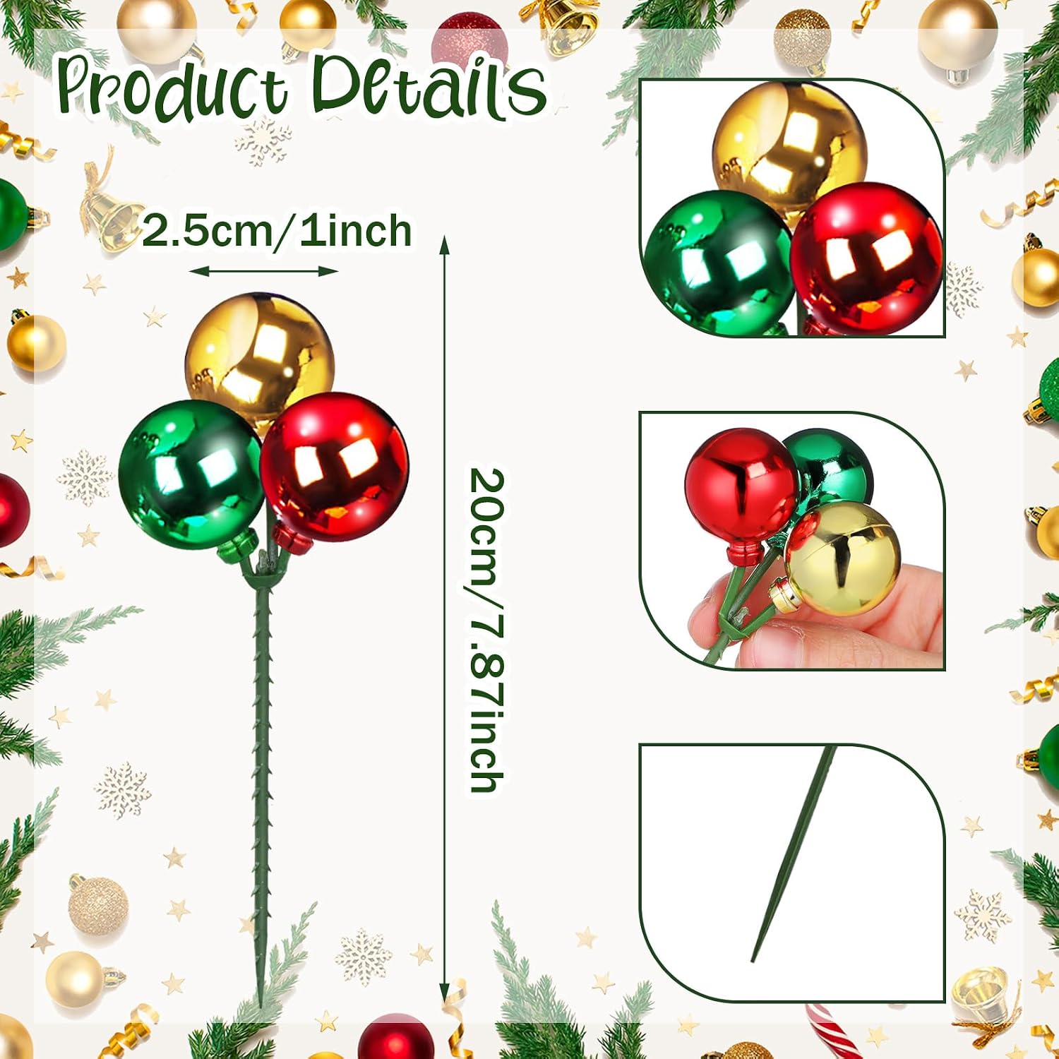 Syhood 12 Set 7.9 Inch Christmas Ball Picks and Sprays Shatterproof Xmas Red Green Gold Ball Ornaments on Wired Picks for Christmas Tree Vase Wreath Stairs Garland Decoration Supplies