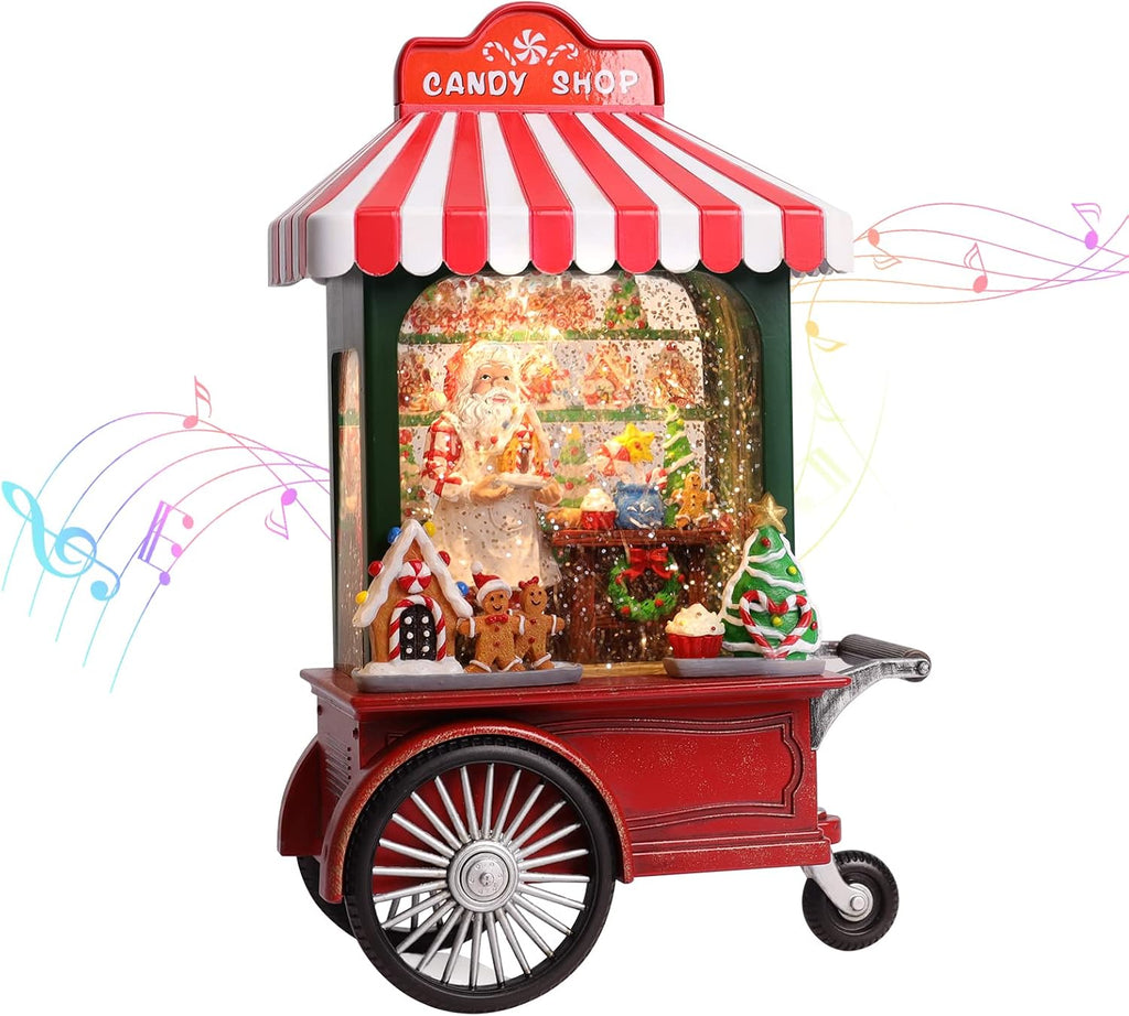 Christmas Snow Globe, Candy Cart Christmas Snow Globe with 6H Timer, 10.8 Inches Lighted Musical Santa Snow Globes, Spinning and Swirling Glitter Christmas Decorations Gifts