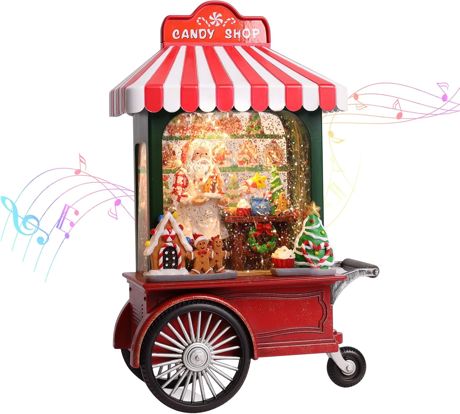 Christmas Snow Globe, Candy Cart Christmas Snow Globe with 6H Timer, 10.8 Inches Lighted Musical Santa Snow Globes, Spinning and Swirling Glitter Christmas Decorations Gifts