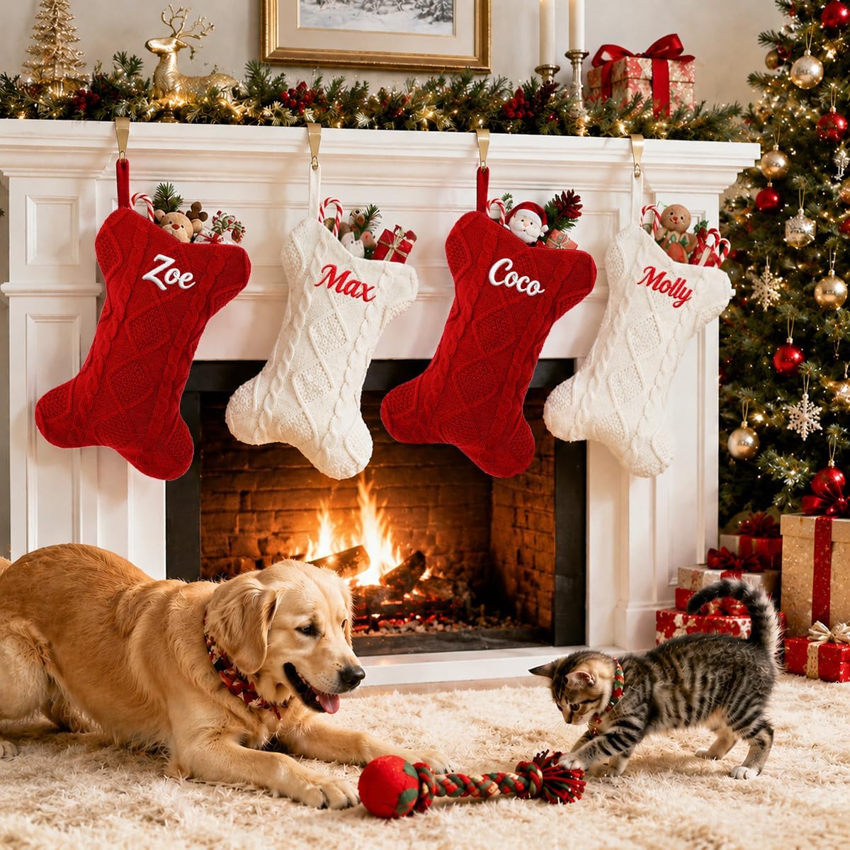 Ulico Custom Pet Stocking Christmas, Personalized Christmas Stocking for Dogs, Bone Shape Stocking Christmas Large Pet Stockings Hanging Dog Christmas Stocking for Dogs Cats Pets (1 Pcs)