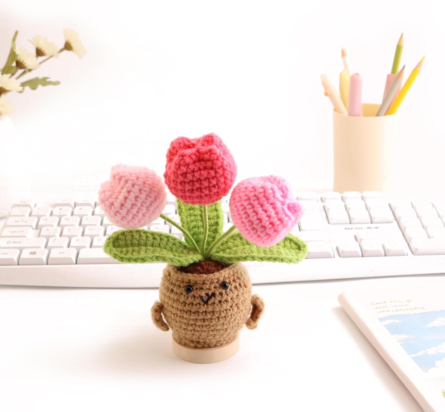 Hand-Woven Mini Tulip Potted Plants, Desktop Ornaments, Timeless Home Office Decorations, Perfect Handmade Gifts for Mother's Day, Graduation Season and Thanksgiving Day(Mixed Pink)
