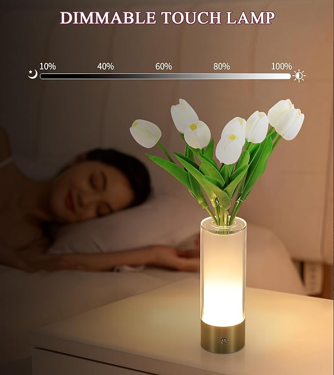 Flower Night Light,Touch Vase Lamp,Rechargeable Cordless Table Lamp,Dimming Small Mood Lighting for Dining Table/Bed Room/Bathroom/Closet,Gifts for Women/Mom, Artificial Tulips Included