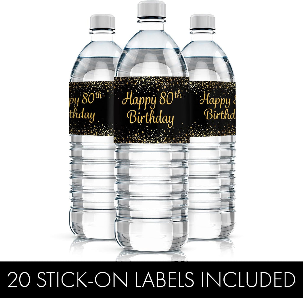 DISTINCTIVS Black and Gold 80th Birthday Water Bottle Labels – 20 Count – Waterproof – 80th Birthday Party Favors for Men and Women