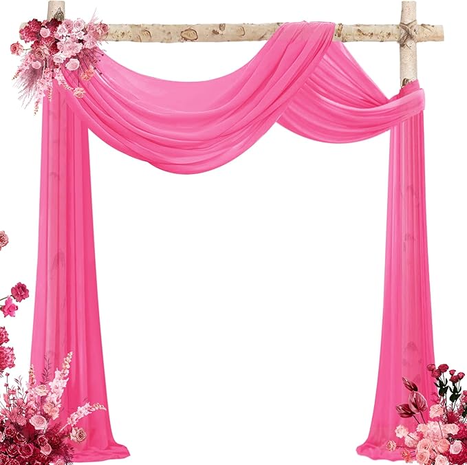 VOK Pink Wedding Arch Draping Fabric Chiffon Fabric, 29in x 18Ft 2 Panels Sheer Chiffon Outdoor Curtain for Wedding Ceremony Birthday Party Decoration (Fuchsia,2 Panel)