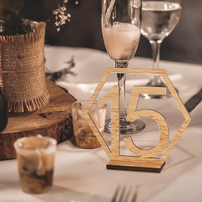 Wooden Table Numbers, Hexagon Shape 1-20 Wedding Table Numbers with Holder Base Rustic Hollow Out Wood Table Numbers Card for Wedding Party Event Catering Decoration (Hexagon)
