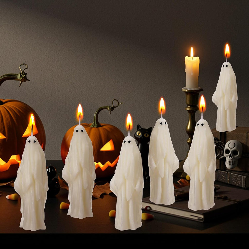 Syhood 6 Pcs Halloween Ghost Candles Gothic Spooky Ghost Taper Candles Soy Wax Gifts for Boo Basket Stuffers Halloween Room Table Indoor Decoration