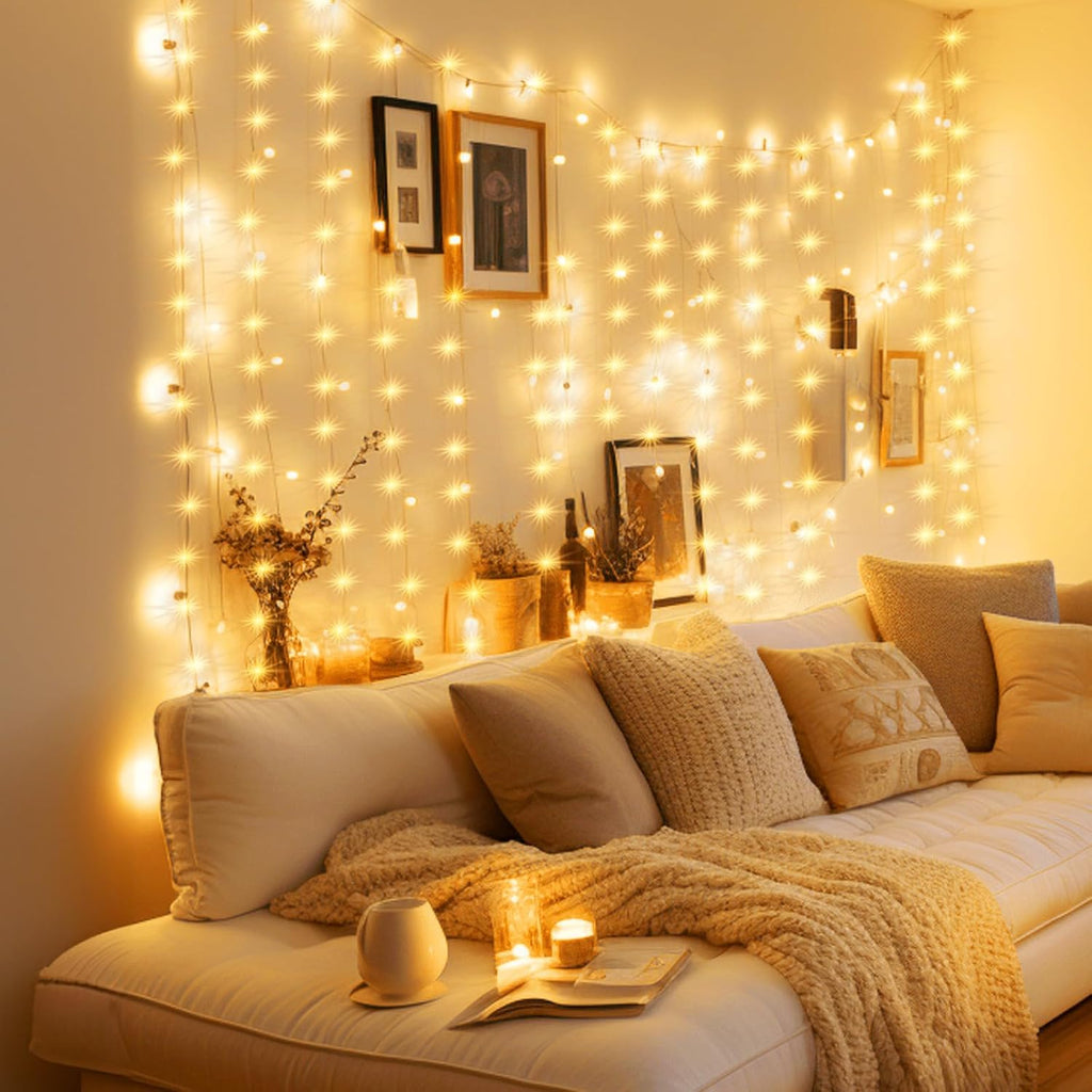 Minetom Curtain Lights, 300 LED Dimmable Fairy Lights Twinkle Lights with Remote and Timer, 8 Modes, USB Powered String Lights for Room Wall Party Christmas Indoor Decor, Warm White