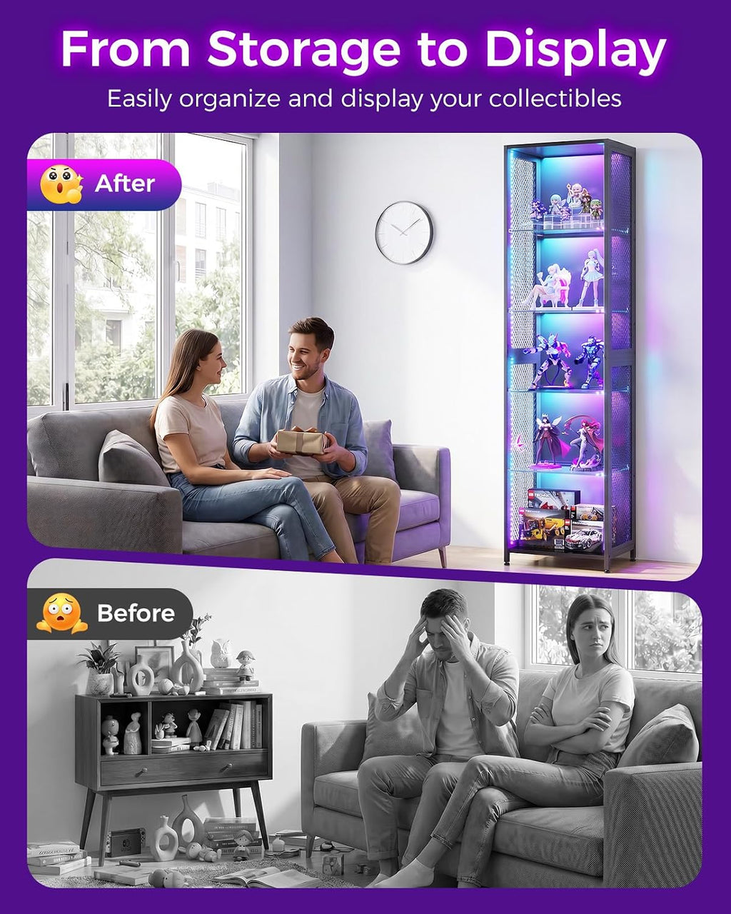 aodk 72" tall display case with led lights on a desk or shelf