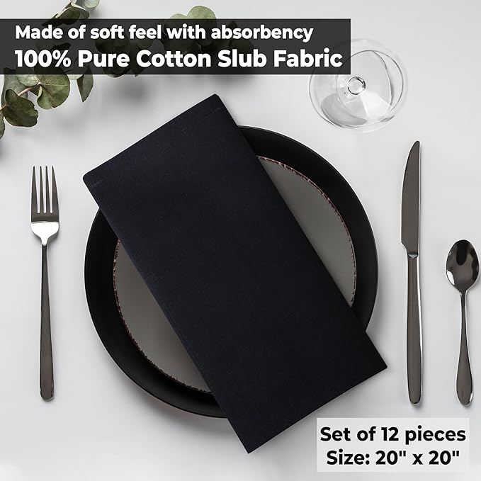 Urban Villa Cloth Napkins Halloween Dinner Napkins Solid Black Color 20''x20'' (Set of 12) 100% Cotton Slub Absorbent Napkins Soft Durable Reusable Washable Ideal for Events Parties Everyday use