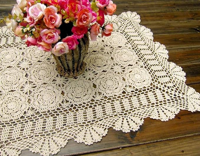 Cotton Handmade Crochet lace Table Runners Rectangular Tablecloth Doilies Doily Table Dresser Scarf Décor,19x27Inch,Beige
