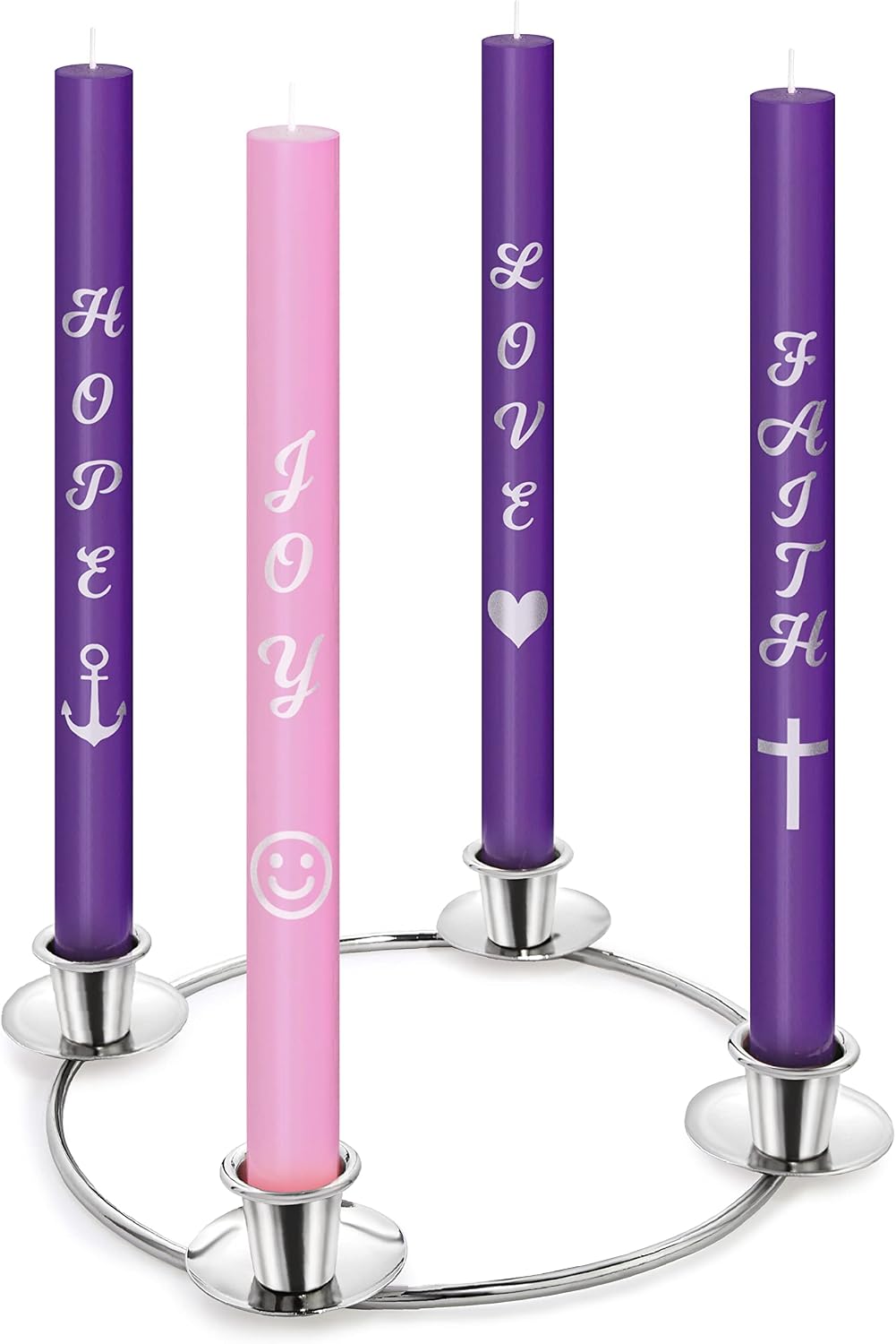 Advent Candles Set of 4 - Premium Printed Script Silver Letters & Pictures – Use with Advent Candle Holders, Advent Wreaths and Advent Rings - Dripless Taper Advent Candle for Christmas Church Décor