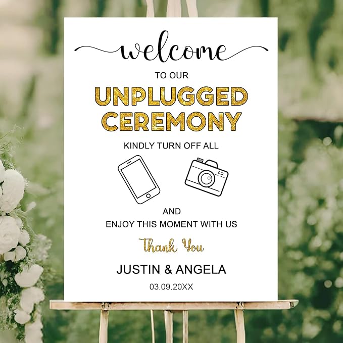 Unplugged Ceremony Sign with Icons – Fun & Bold Wedding Yard Sign – No Phones or Cameras – Modern Welcome Sign for Outdoor Weddings