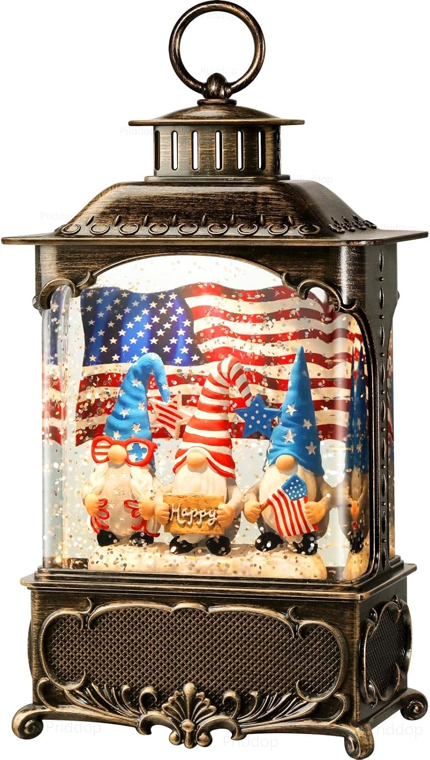 Priddop Gnome Snow Globe Lantern 4th of July Decorations with Timer, USB and Battery Powered 4th of July Shirts Patriotic Gnomes and American Flag Independence Day 10.2 inch
