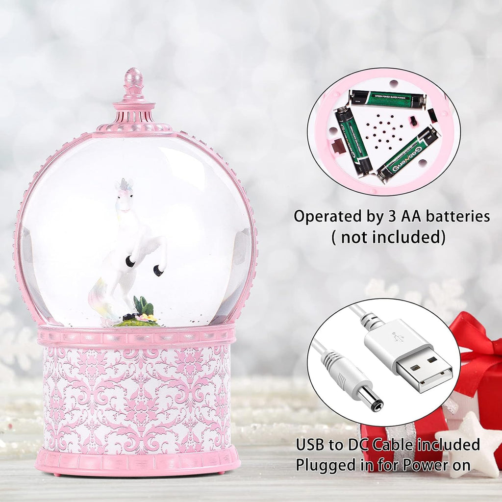 Unicorn Musical Snow Globe, 7.1 Inch Lighted Christmas Snow Globes with Swirling Glitter, Battery Operated & USB Powered Music Box Valentines Day Gifts for Girls, Women