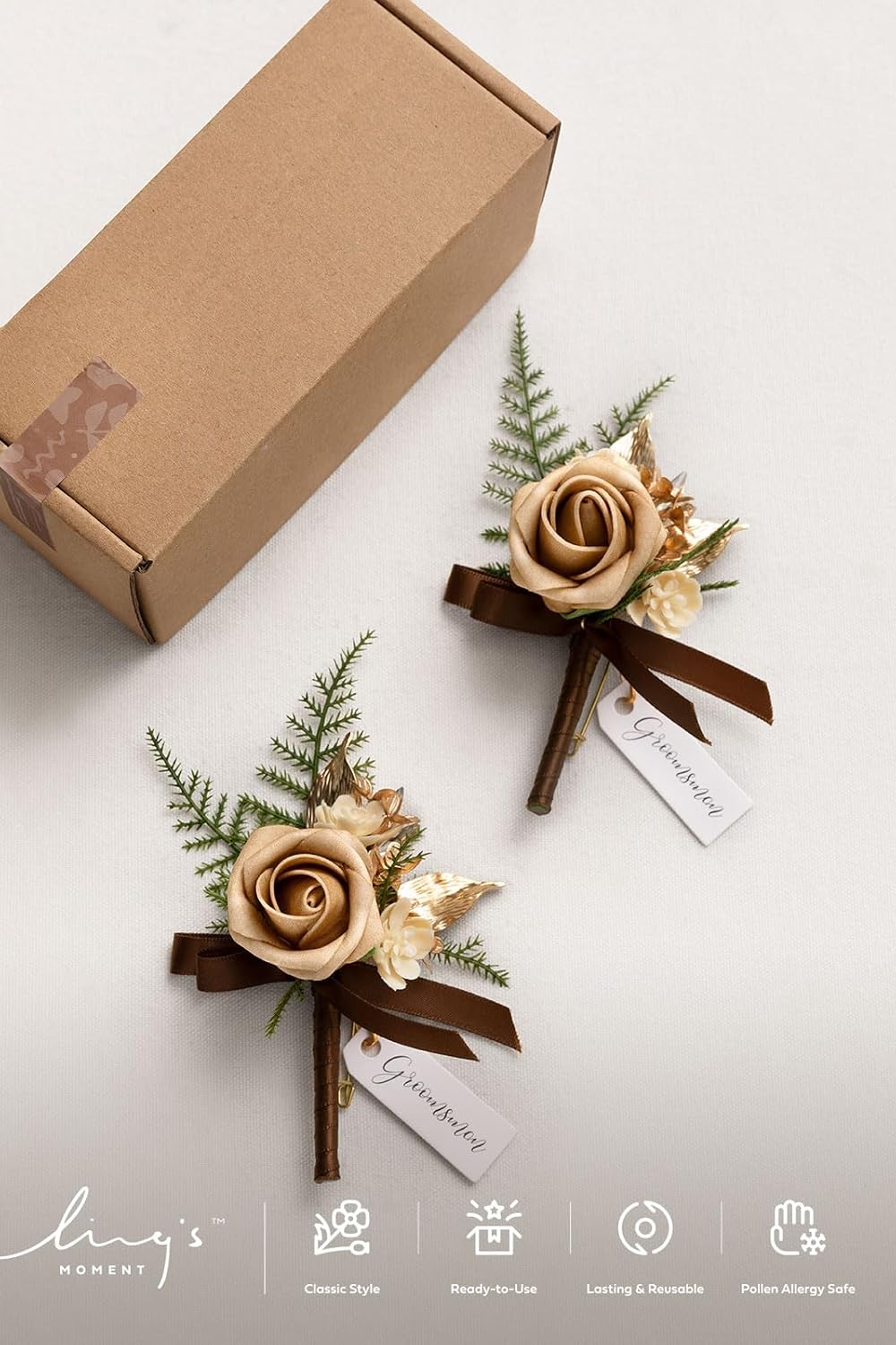 Ling's moment Boutonniere for Men, 2pcs Groom Groomsmen Guest Boutonniere, Artificial Flowers for Wedding/Prom/Homecoming, etc.Brown Golden Glove