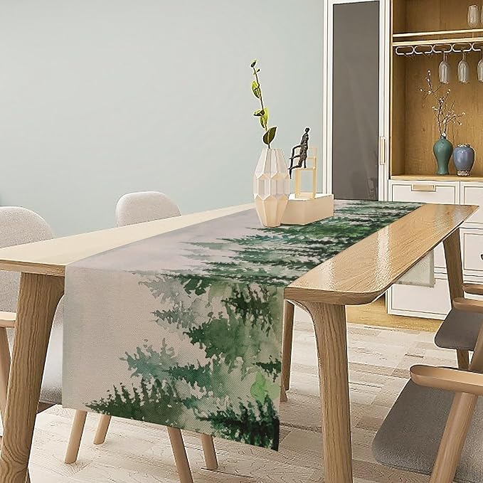 Foggy Forest Table Runner,Green Forest Natural Landscape Table Runner for Kitchen Dining Table Home Party Decoration 13x36 Inch