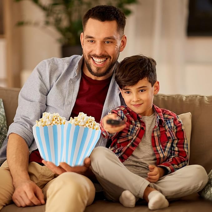 50 Pcs Popcorn Boxes Mini Paper Popcorn Box Cardboard Popcorn Container for Party Disposable Snack Candy Popcorn Bags Popcorn Holder for Movie Nights Birthday Wedding (Light blue,White)