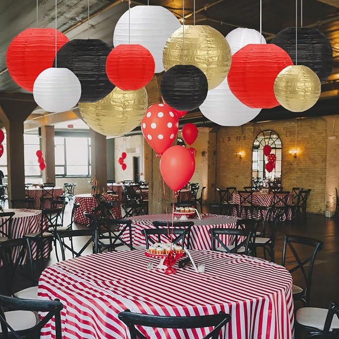 Black Red White Paper Lanterns Decorative 12pcs Party Hanging Decorations for Party Bridal Shower Wedding Baby Shower Graduation Anniversary Room Decor