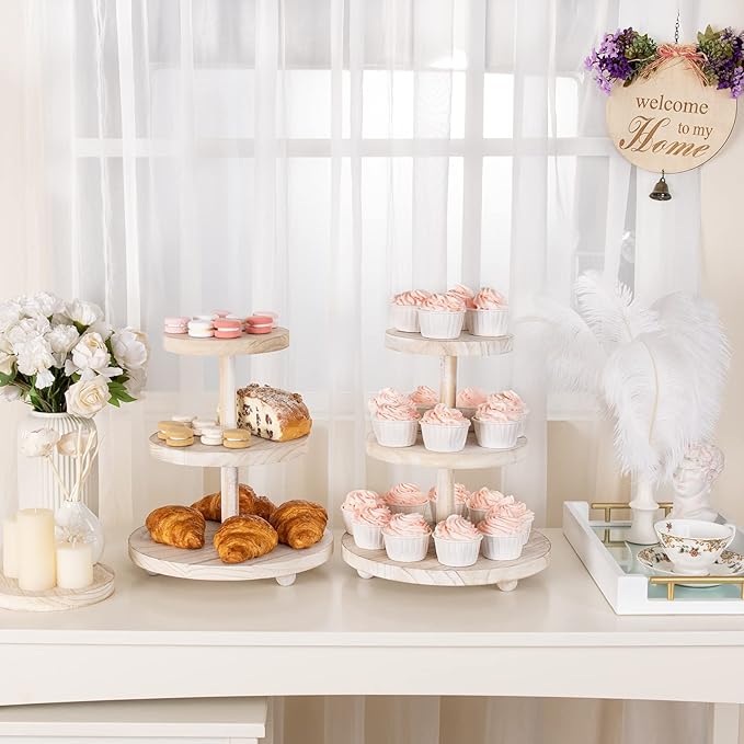 3 Tier Cupcake Stand Round,Wood Cake Stand with Tiered Tray Decor,Rustic Cake Stand for 24 Cupcakes,Cupcake Display for Home Tea Party, Birthday, Wedding, Farmhouse Decor