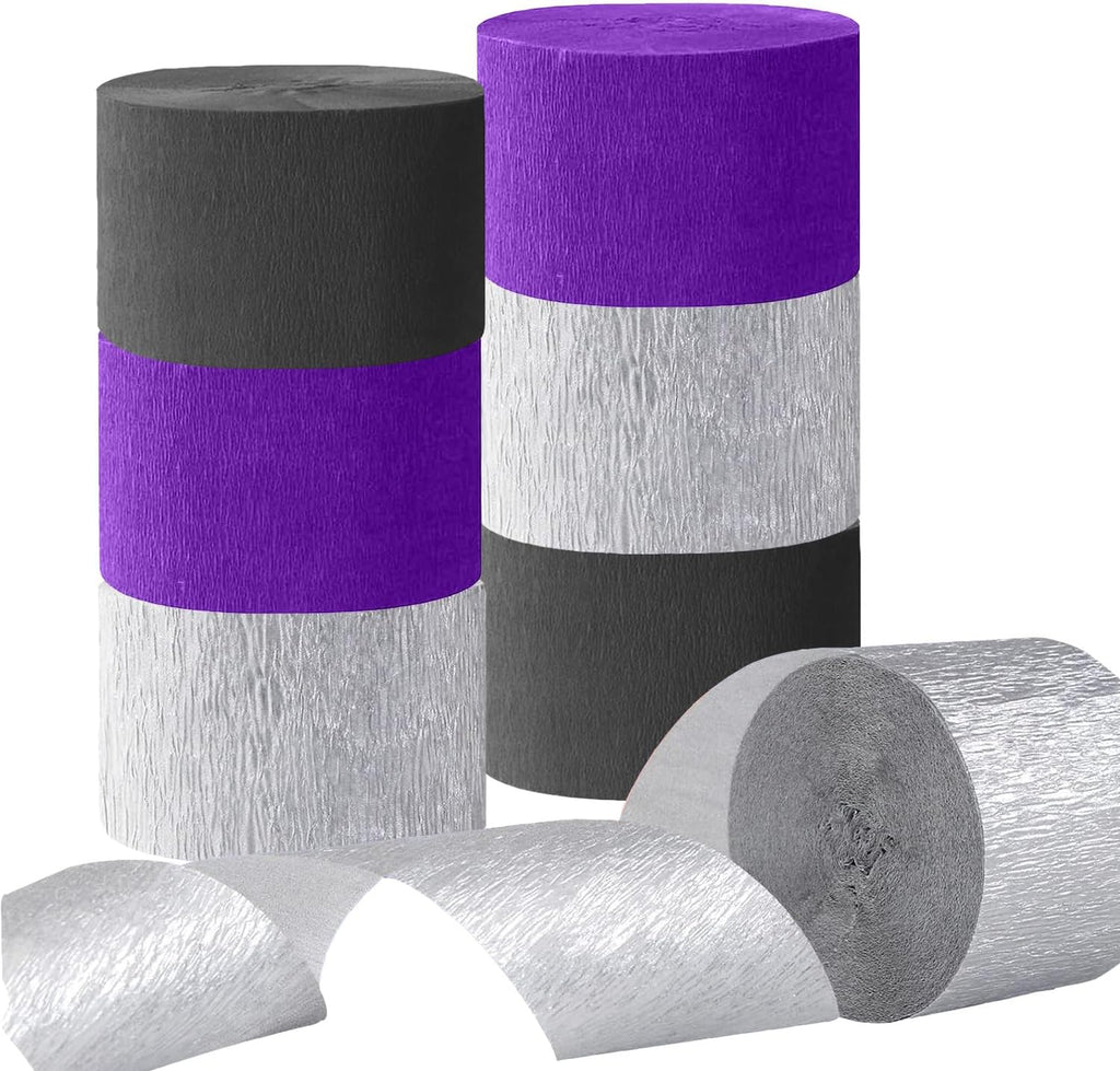 CC wonderland zone 6 Rolls Black Silver and Purple Crepe Paper Streamers for Wednesday Birthday Party Decorations