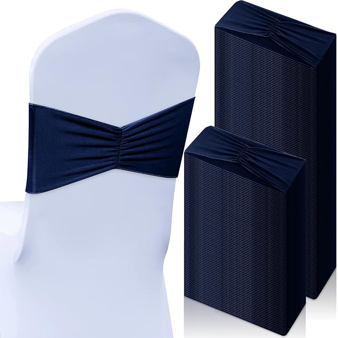 Moukeren 100 Pcs Spandex Chair Sashes Bows Bands Slider Sashes for Chair Covers Elastic Bands Ties Ribbon Decorations for Wedding Party Events Ceremony Birthday Banquet(Navy Blue)