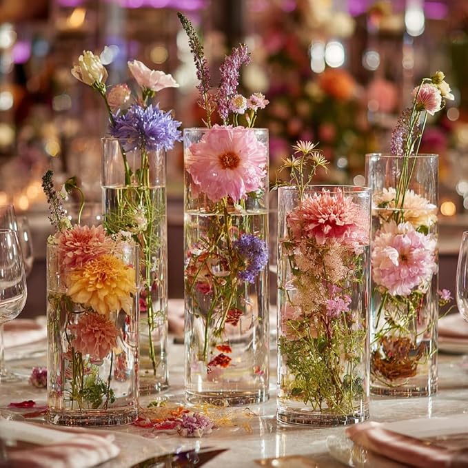 15pcs Clear Glass Vase for Centerpieces, 4,6,7.5,8,10 inch Tall Cylinder Flower Vase Bulk Floating Candle Holder for Wedding Table Home Décor and Party