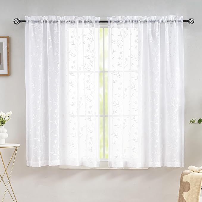 White Sheer Curtains Embroidery 63 Inch Length Rod Pocket Voile Drapes for Living room, Bedroom, Window Treatments Semi Flower Pattern Curtain Panels for Kitchen, Yard, Farmhouse, Set of 2, 52"x 63".