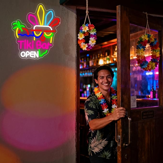 Tiki Bar Neon Sign, Tiki Bar Open Led Neon Light Signs for Wall Decor Hawaii Tropical Luau Aloha Party Outdoor Decorations for Pub Bistro Night Club Home Man Cave Dimmable USB Powered(13.8" × 12.2")