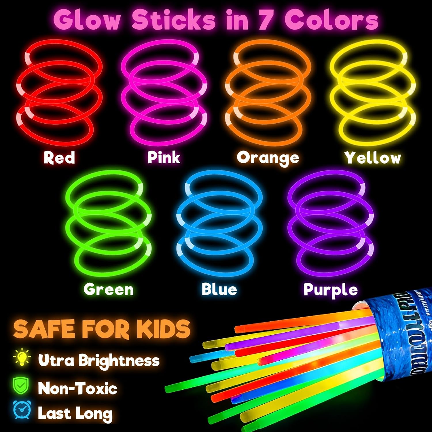 500 Pack Glow Sticks Bulk Party Pack, 8" Glow Bracelets & Necklaces with Connectors, Ultra Bright 14-Hour Glow in The Dark Party Supplies, Neon Party Favors for Birthday 4th of July Pool Party Events
