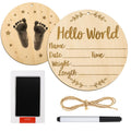 Baby Announcement Sign, 5.9 Inch Round Birth Nursery Name Signs with Ink Pad for Baby Hand and Footprints Wooden Hello World Newborn Sign for Photo Prop
