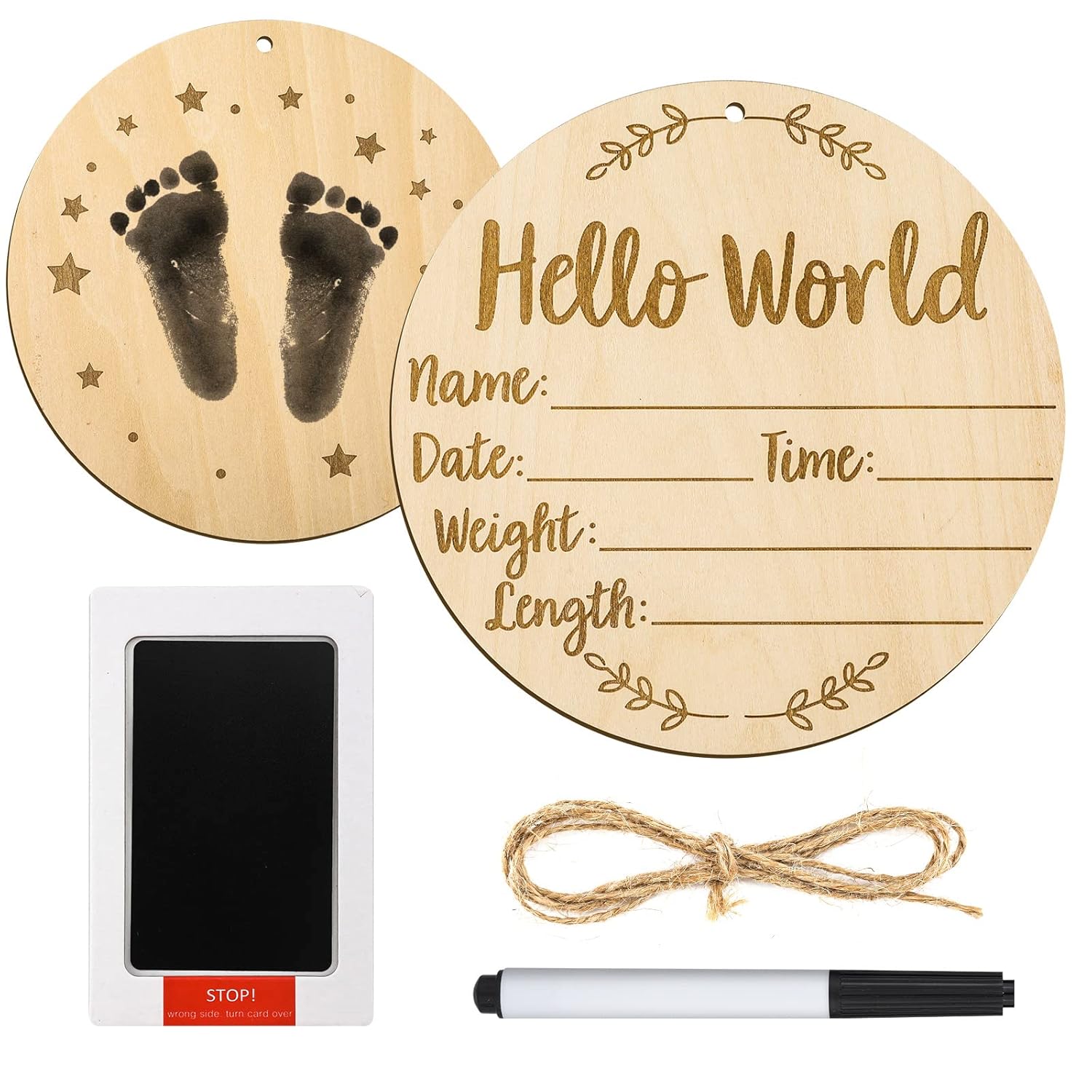 Baby Announcement Sign, 5.9 Inch Round Birth Nursery Name Signs with Ink Pad for Baby Hand and Footprints Wooden Hello World Newborn Sign for Photo Prop