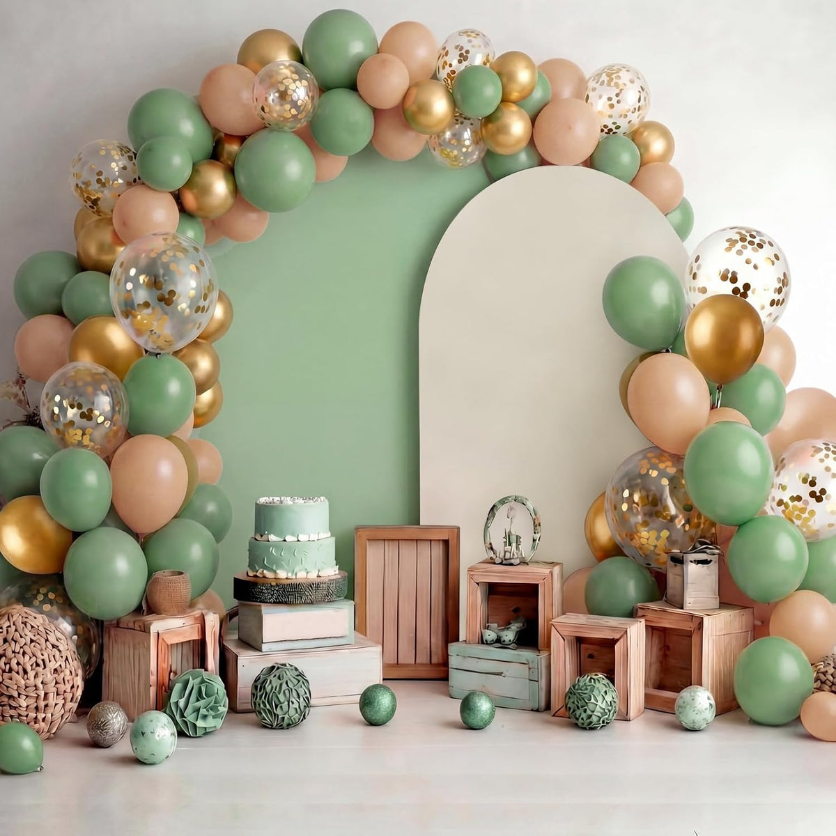 sage green 131 pcs arch backdrop cover with on a desk or shelf