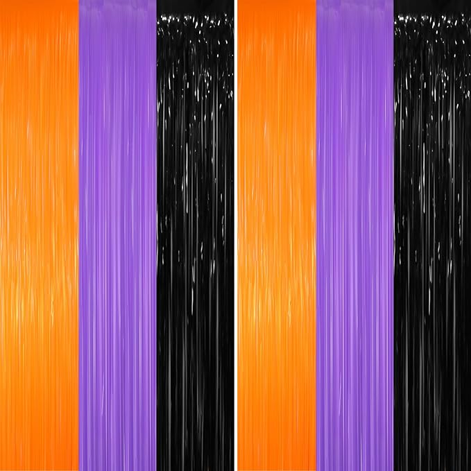 GOER 6.4 ft x 8.2 ft Metallic Tinsel Foil Fringe Party Backdrop for Halloween Birthday Graduation New Year's Party Decorations(2 Packs,Black&Orange&Purple)