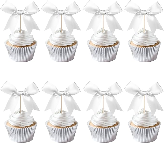 24 PCS Bow Cupcake Toppers Bow Cupcake Picks Bowknot Birthday Party Decorations Bowknot Cake Dessert Picks for Baby Shower Birthday Wedding Bridal Engagement Party Cake Decorations Supplies Silver