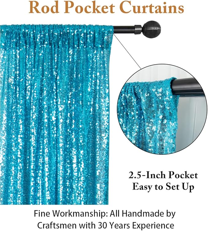 ShinyBeauty Turquoise Sequin Backdrop Curtain | 2 Panels 5Ft x 10Ft Glitter Wedding & Photography Background | Shimmer Curtains | Payette Sequin Aqua Blue Fabric Backdrop