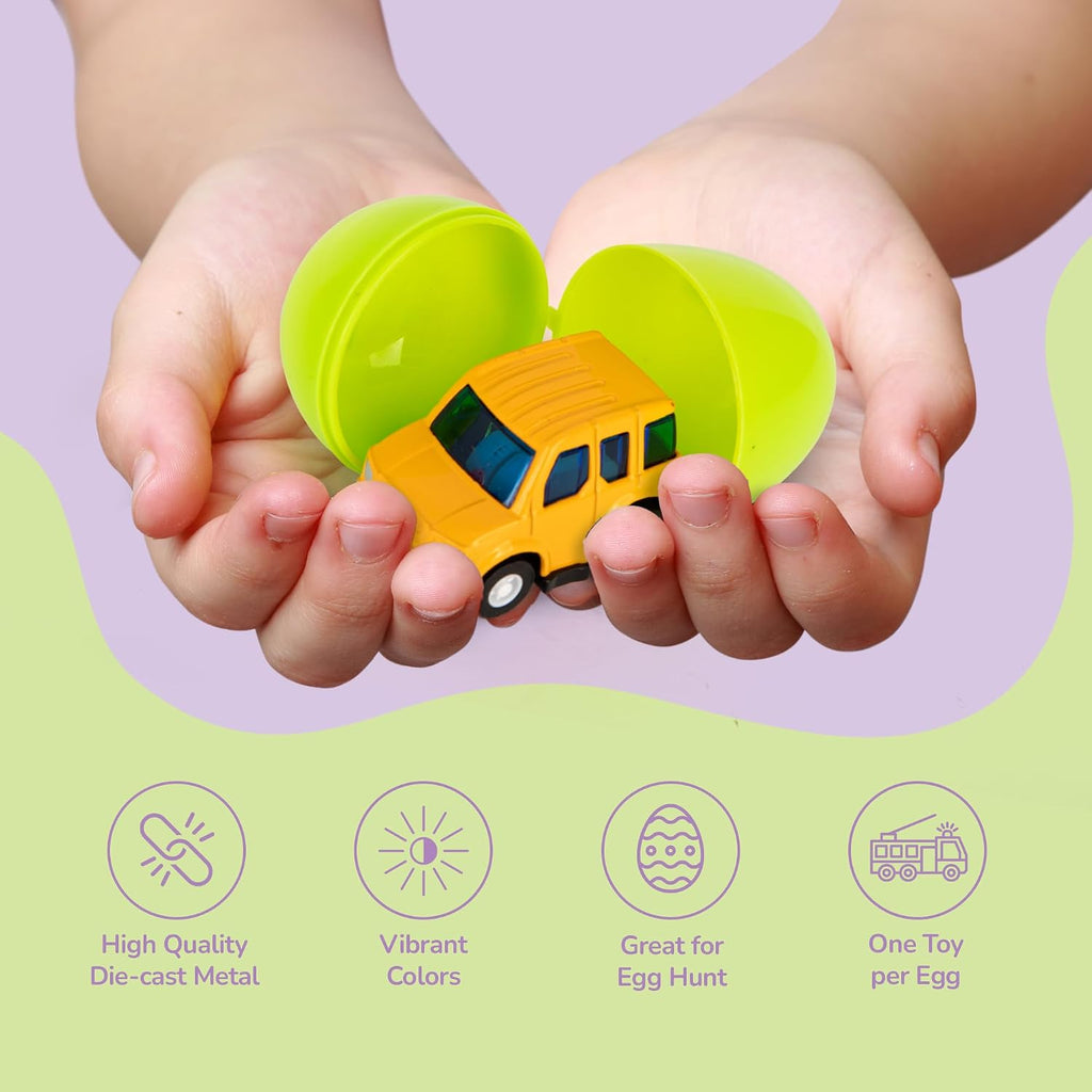 ArtCreativity Pre-Filled Easter Eggs with Diecast Vehicles for Hunt - 12 Emergency & Community Vehicles, Fire Trucks, Ambulances with Pull-Back Function - Easter Basket Stuffers