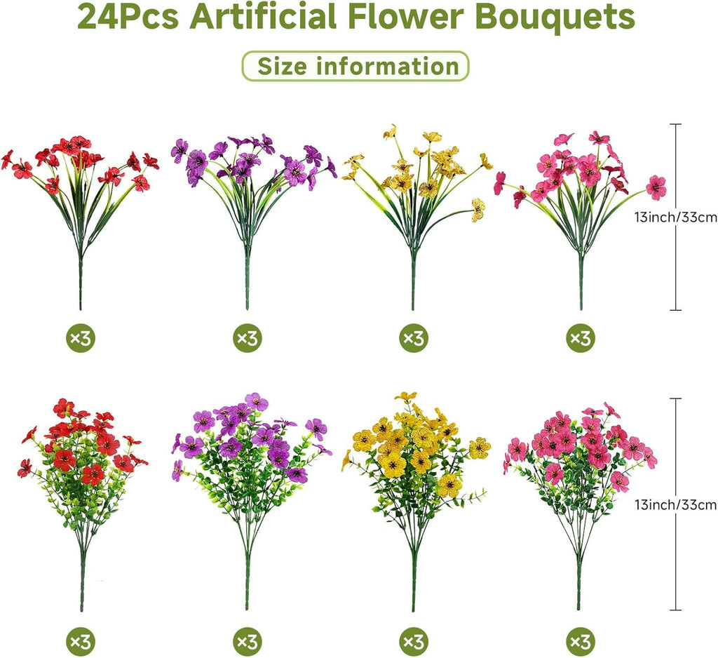 Alupssuc 24 Bundles Artificial Flowers for Outdoors Decoration, UV Resistant Silk Faux Daisy Spring Fake Plastic Plants Greenery for Outside Indoor Garden Yard Home Window Box Decor, Mix 4 Colors