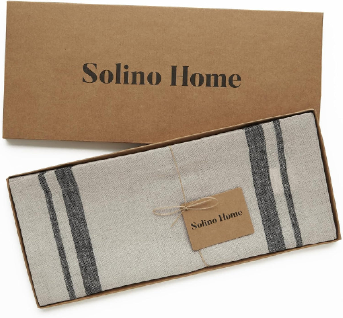 Solino Home 100% Pure Linen Table Runner, 14 x 120 in, Black, French Stripe