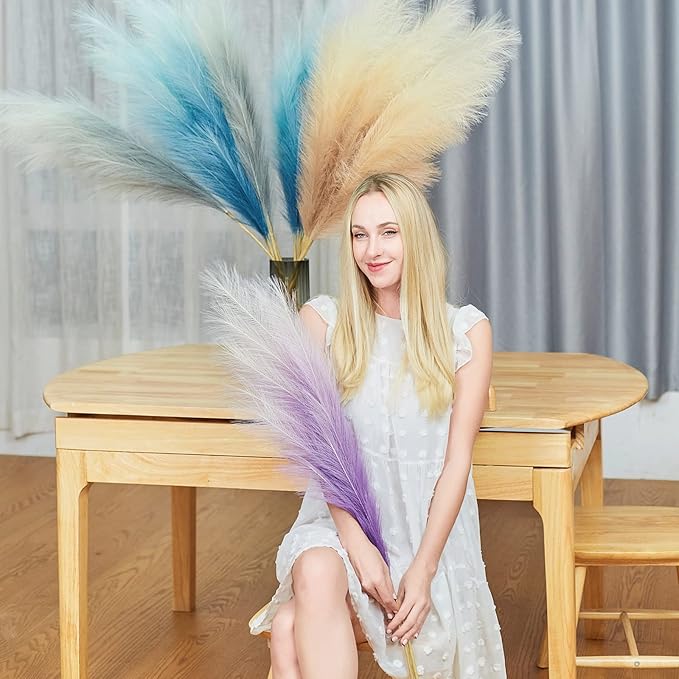EVODIS Faux Pampas Grass Decor, 6 Stems Artificial Pampas Grass - 43 inch Tall Pompass Grass Large Pompous Boho Flower Arrangement Home Decor for Room Wedding Party