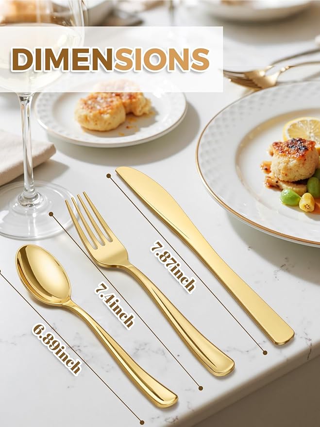 WDF 180 Pieces Disposable Plastic Gold Silverware Cutlery - Disposable Flatware Set 60 Forks, 60 Knives and 60 Spoons - Heavy Duty Gold Plastic Cutlery - Utensils for Party, Wedding, Thanksgiving