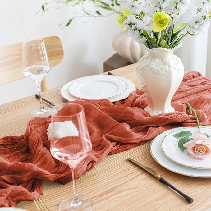 Asee'm 4pcs Cheesecloth Table Runner 120 Inches Long Terracotta Boho Gauze Cheese Cloth Runner 10FT Rustic Sheer Fall Table Runners for Thanksgiving Christmas Wedding Party Baby Shower Decoration