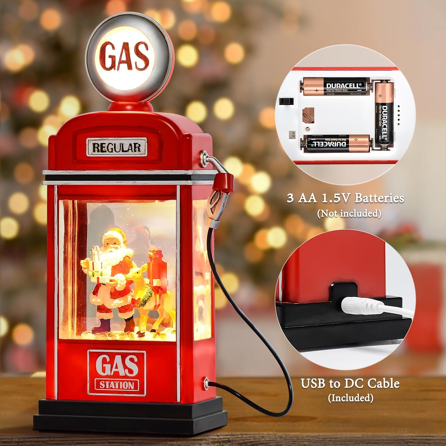 Large Christmas Snow Globes Christmas Lantern, 11.5" Lighted Electric Snowglobes with 8 Songs 6H Timer Dual Power, Santa Gas Station Christmas Ornaments Snow Globe for Kids Adults, Gifts for Men Women