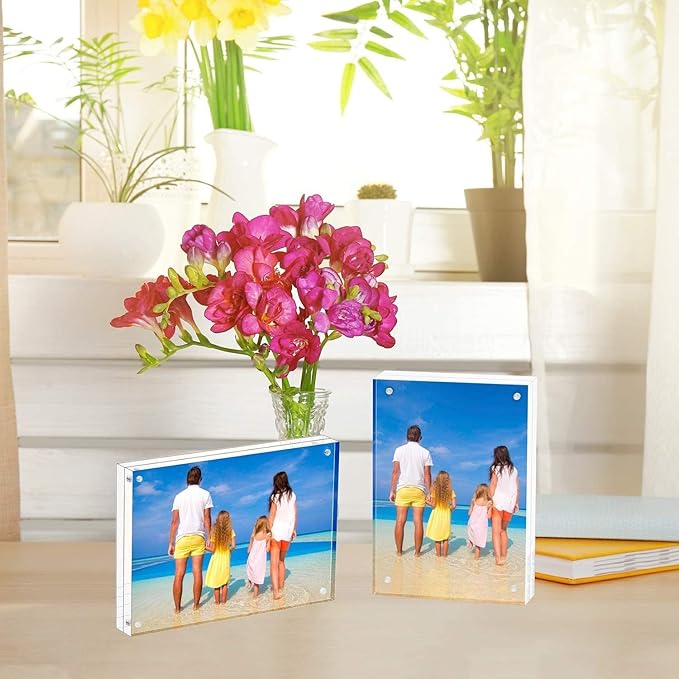 Meetu 5 Pack Acrylic Picture Frame 6x8,Clear Freestanding Double Sided 20mm Thickness Frameless Magnetic Photo Frames Desktop Display with Gift Box Package
