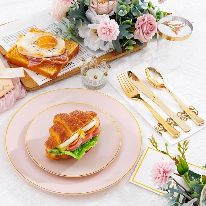 Supernal 350pcs Pink Plastic Plates,Plates Disposable Heavy Duty,Pink Disposable Plastic Dinnerware Set Include 50 Dinner Plate,50 Dessert Plate,50 Gold Cutlery,50 Cups&50 Napkins for Party&Wedding