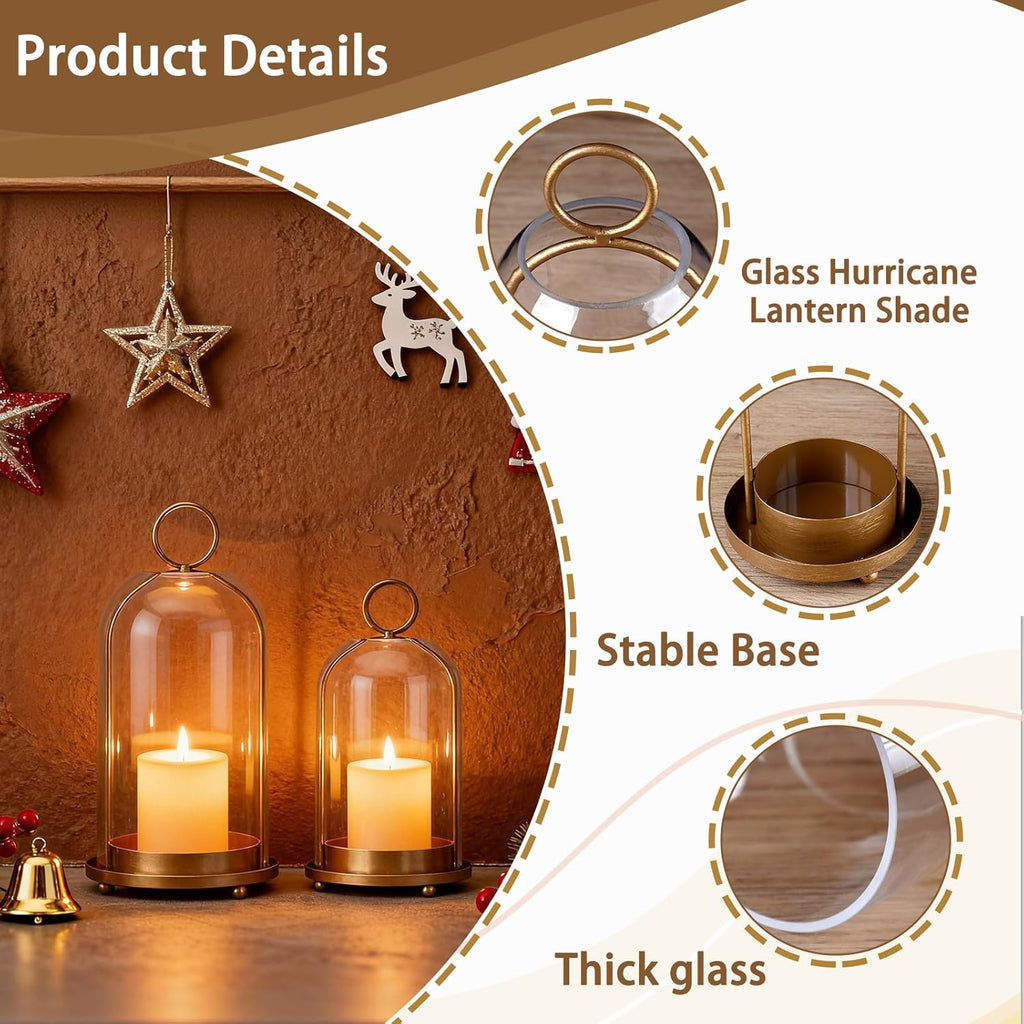 Large & Small Cloche Glass Dome Candle Holders - Glass Hurricane Candle Holder,Gold Candlestick & Lanterns Set of 2 Can Be Placed Desktop Hung,for Pillar Candles,Plants Decorative