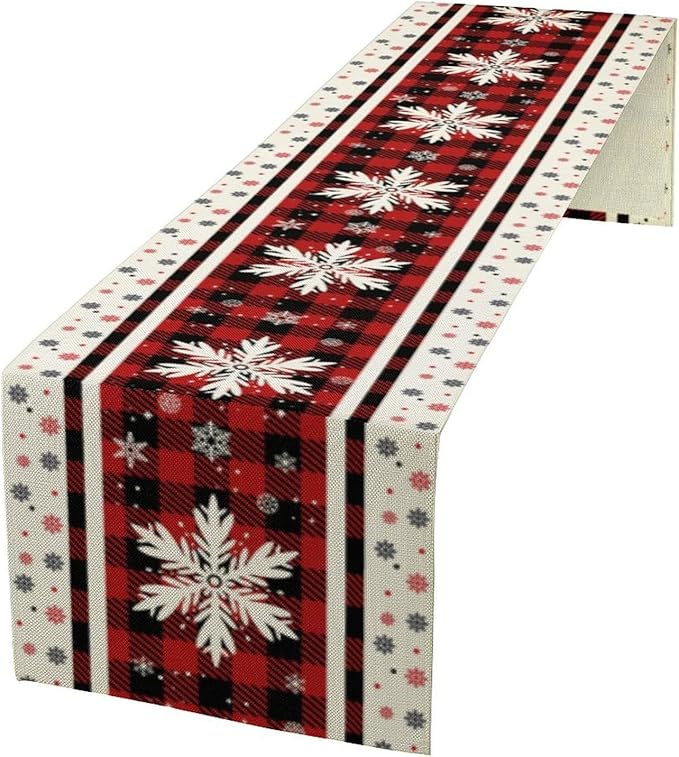 Snowflakes Christmas Table Runner,Red Buffalo Plaid Seasonal Winter Kitchen Dining Table Decoration for Home Party Decor 13x60 Inch